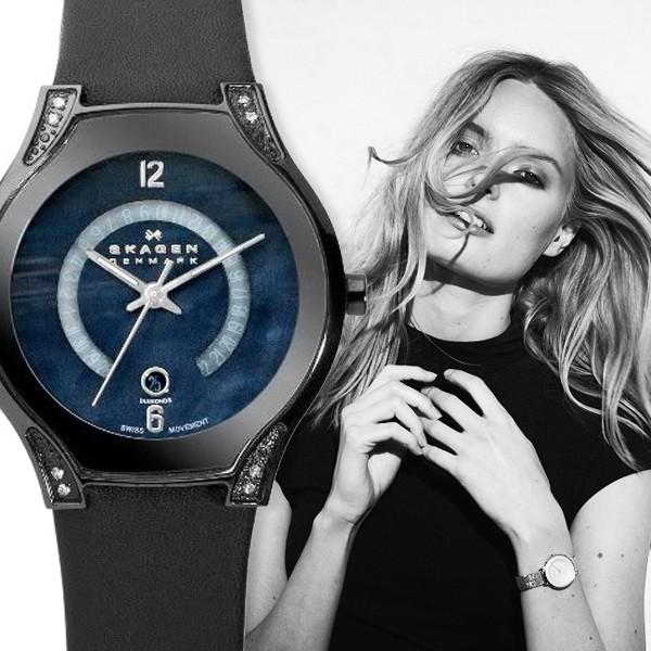 【保証書付】 ブラック ダイアモンド レザー LABEL BLACK SKAGEN[スカーゲン] マザーオブパール 886sblb 腕時計 レディース 腕時計