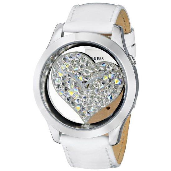 GUESS ゲス u0113l6 White and Silver-Tone Clearly Inspired Heart ハートクリスタル　ホワイトレザー女性 レディース 腕時計