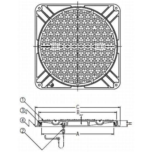 カネソウ　マンホール鉄蓋　鎖付き　(簡易防水・防臭形)　MKXY-S-600　1セット　(角)　ノンスリップ簡易密閉形　T-20