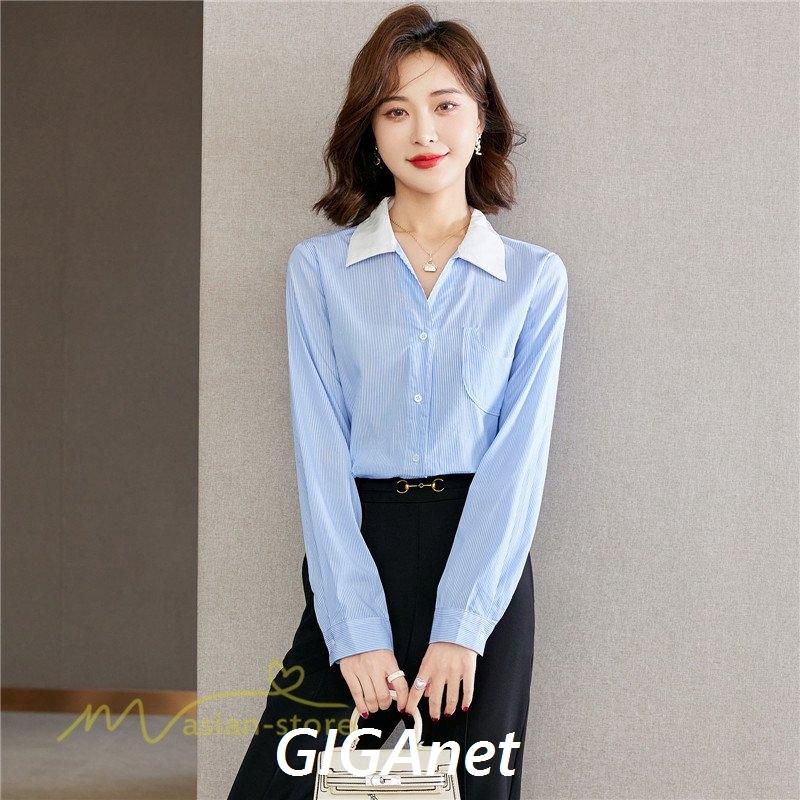 シャツ ブラウス レディース ストライプ オフィス フォーマル 通勤通学 春 秋 代 30代 長袖 Vネック カジュアル トップス 大きいサイズ お出かけ 40代 50代 保存版
