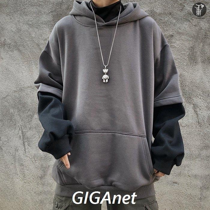 パーカー 重ね着風 メンズ スウェット レイヤード風 プルパーカー ビッグシルエット プルオーバー ゆったり 長袖 無地 最適な価格