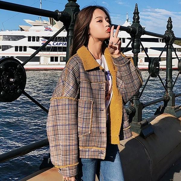 ブルゾンショートコートレディースボアチェック柄オーバーサイズジャケット可愛いおしゃれ韓国ファッション10代代30代 Gigrx Onryl340 Giganet 通販 Yahoo ショッピング