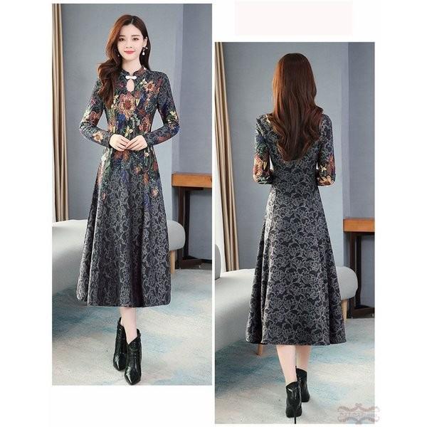 チャイナ風ワンピースレディースロング丈アオザイ風ワンピース長袖マキシワンピースチャイナドレスワンピース40代50代結婚式普段着厚手 Gigrx Ulitx153 Giganet 通販 Yahoo ショッピング