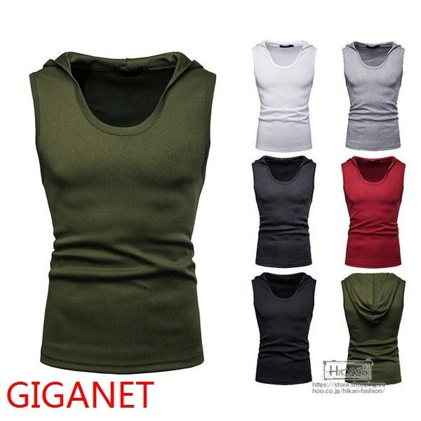 タンクトップメンズフード付きトップスノースリーブtシャツ無地スポーツuネック夏サマー 百貨店