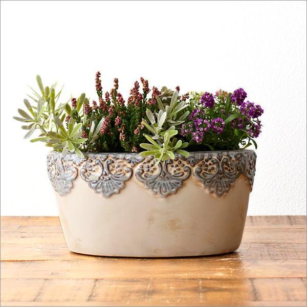 植木鉢 プランター 陶器 オーバル 楕円 アンティーク おしゃれ