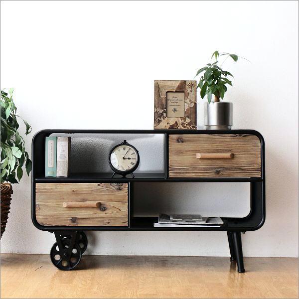 ヴィンテージ 無垢材 ローチェストアイアン脚 引き出し ローボード