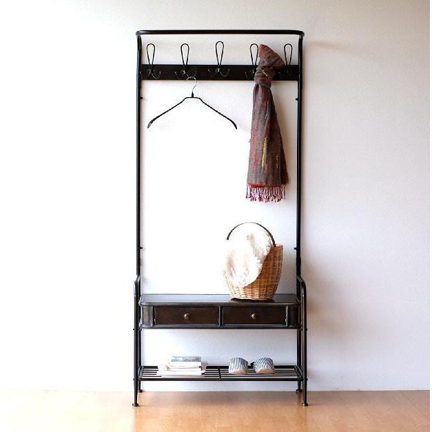 好評 ハンガーラック おしゃれ アイアン アンティーク 棚付き 省スペース 黒 ブラック ハンガースタンド インダストリアル 玄関 アイアン 引き出し付きコートハンガー 最適な価格 Atempletonphoto Com