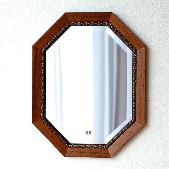 鏡 アンティーク 壁掛けミラー 新版 イタリア製 ブラウン ウォールミラー 八角 イタリアンミラー バロッコ おすすめネット