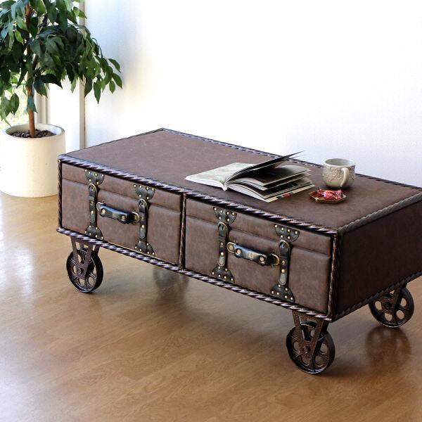 センターテーブル アンティーク アイアン おしゃれ 収納 引き出し ベッド ソファ レトロ トランク風 車輪付きドロアーテーブル