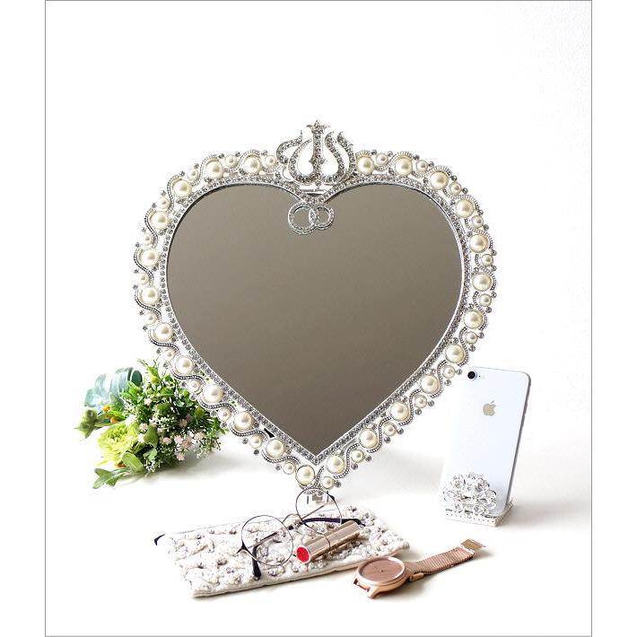 鏡 壁掛けミラー 卓上ミラー ハート型 パール ビジュー エレガント