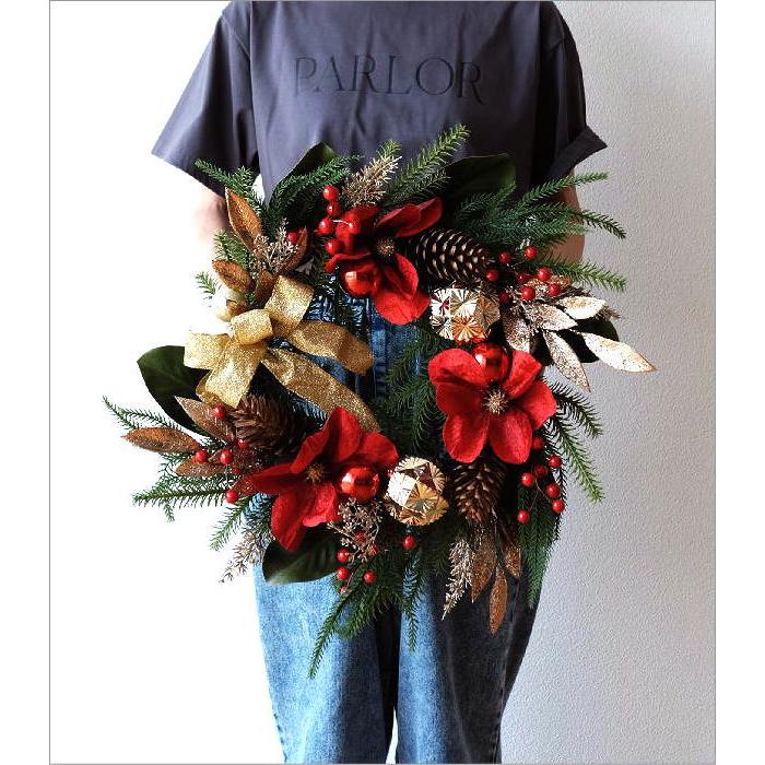 クリスマスリース おしゃれ 玄関 大きい 50cm リボン 花 豪華 飾り