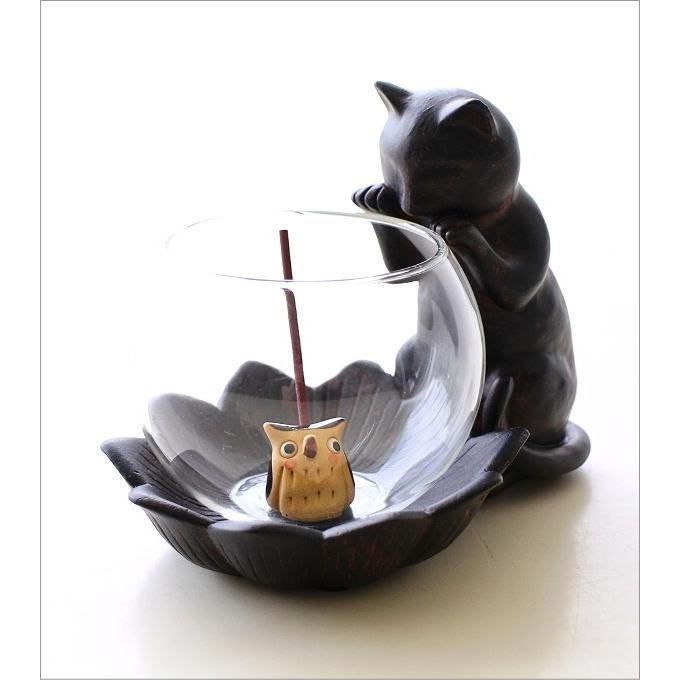 お香立て ガラス 猫 おしゃれ かわいい 可愛い 陶器 スティック 灰が