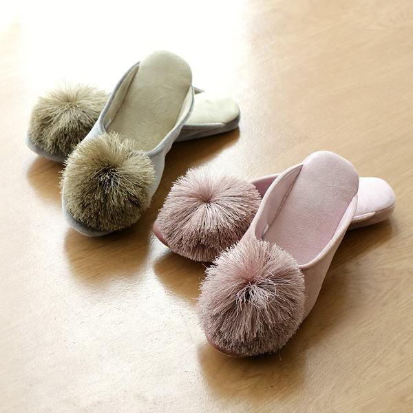 ルームシューズ おしゃれ レディース かわいい スリッパ 室内履き ポンポン 刺繍糸 ベロア調 ポンポン付きルームシューズ 2カラー