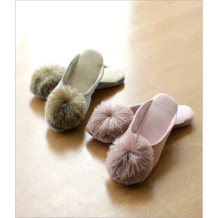 ルームシューズ おしゃれ レディース かわいい スリッパ 室内履き ポンポン 刺繍糸 ベロア調 ポンポン付きルームシューズ 2カラー