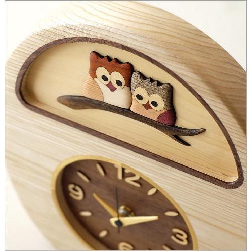 置き時計 掛け時計 アナログ ふくろう かわいい おしゃれ 木製 無垢 