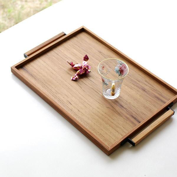 大割引 トレー トレイ 木製 おしゃれ お盆 チーク材 スタッキング 天然木 ハンドル付き 持ち手付き シンプル チーク手付きスタックトレー L