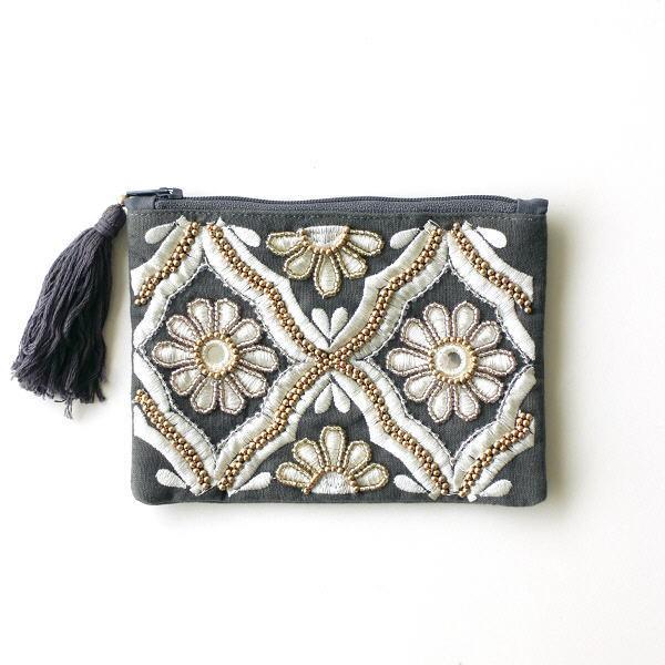 ポーチ 小物入れ おしゃれ マチなし かわいい ミニ ビーズ刺繍 花柄 デザイン 小物 化粧ポーチ