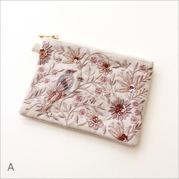 ティッシュポーチ 刺繍 おしゃれ かわいい 花鳥柄 小物入れ ティッシュ