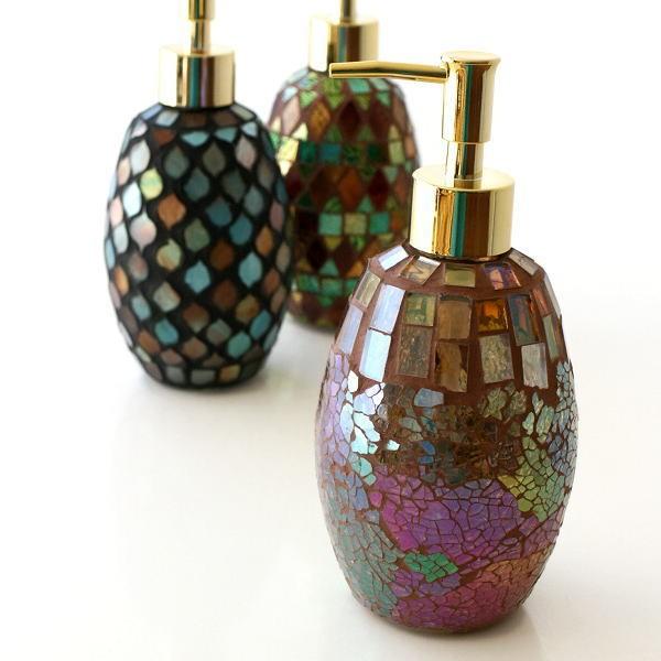 ソープディスペンサー おしゃれ ガラス ソープボトル 詰め替え容器 洗面所 トイレ キッチン ナチュラル アンティーク モザイクガラス