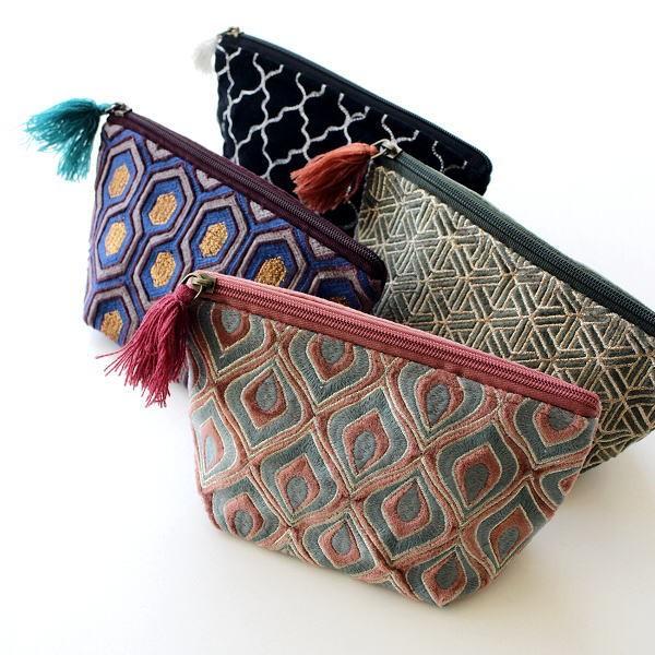 ポーチ 小物入れ かわいい タッセル 布張り おしゃれ アクセサリーポーチ ペンケース 通帳入れ 化粧ポーチ コットンベロア刺繍マチ付きポーチ4タイプ 通販 激安