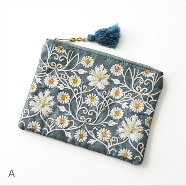 フラットポーチ おしゃれ 可愛い かわいい 刺繍 花柄 ポーチ マチなし