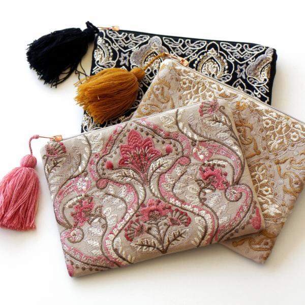 ポーチ 小物入れ おしゃれ 刺繍 マチなし フラット かわいい フラットポーチ デザイン タッセル 化粧ポーチ 刺繍