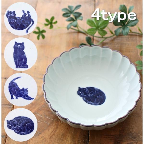 小鉢 とんすい 波佐見焼 日本製 磁器 14cm 猫 呉須 和風 菊割皿 鍋 取り皿 煮物 深鉢 サラダボウル おしゃれ かわいい 和食器 来客用 ねこ菊割丸小鉢 4タイプ | 