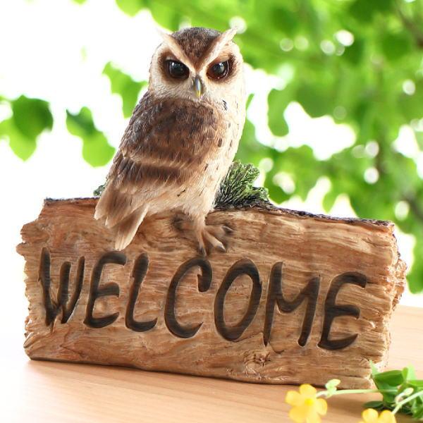 ふくろう 置物 フクロウ オブジェ WELCOME 木彫り風 ウェルカムサイン