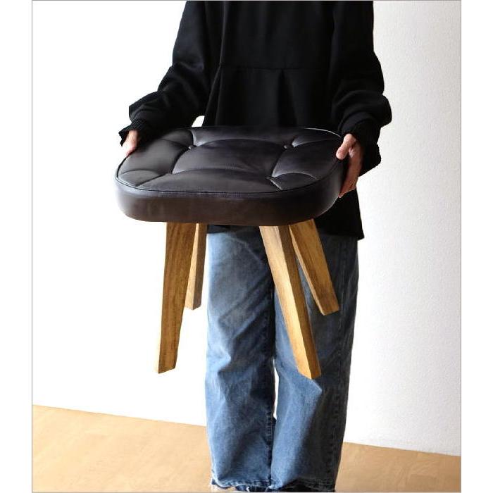 スツール 木製 クッション 四角 椅子 レザー 本革 天然木 チーク材