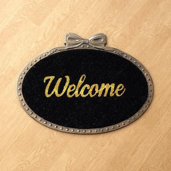 玄関マット 屋外 逸品 おしゃれ かわいい 可愛い 楕円 Welcome ココヤシ ゴールドリボン コイヤーマット エントランスマット ドアマット ラバーマット