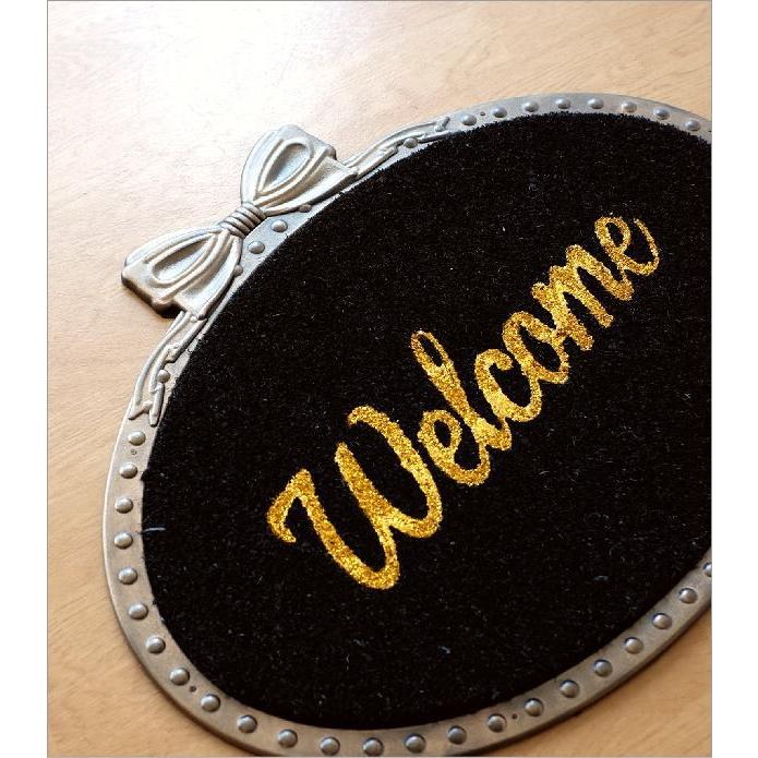 玄関マット 屋外 逸品 おしゃれ かわいい 可愛い 楕円 Welcome ココヤシ ゴールドリボン コイヤーマット エントランスマット ドアマット ラバーマット