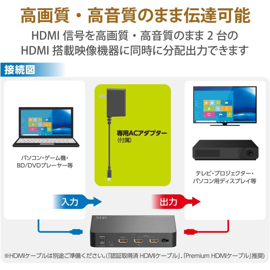 ELECOM エレコム HDMI分配器 4K 60Hz(18Gbps) 1入力 2出力 HDCP2.2対応