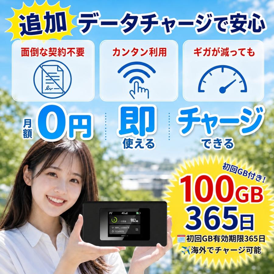【新品】SIMフリー リチャージ式 軽量 ポケットWiFi 1年間100GB付き 月額0円・返却不要・契約不要】ポケットWiFi ポケットwifi 契約不要