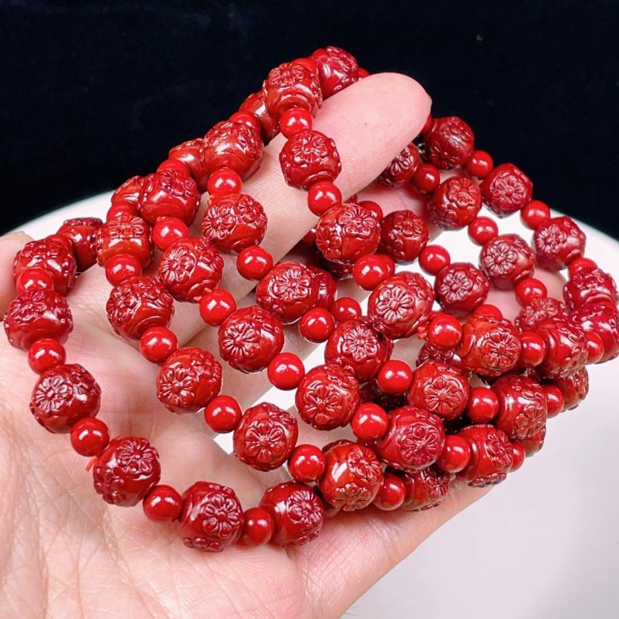 PROME 天然石 練りシナバー 花 9-10mm ブレスレット NO.P1526 : 天然石  