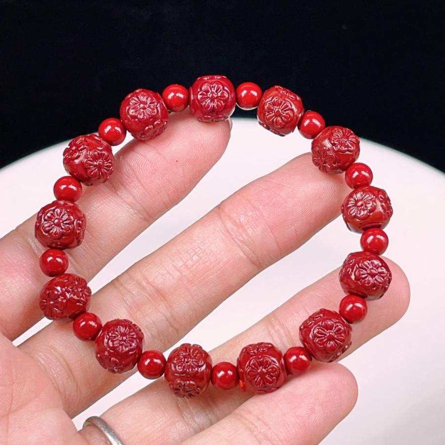 PROME 天然石 練りシナバー 花 9-10mm ブレスレット NO.P1526 : 天然石  