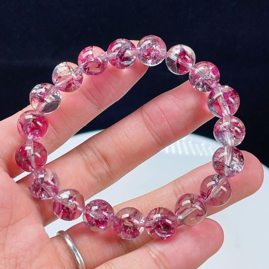 天然石　ピンクアイリスクォーツ　水晶　ブレスレット　ピンククォーツ ピンクアイリスクォーツ 水晶 虹入り 10.8mm玉 開運
