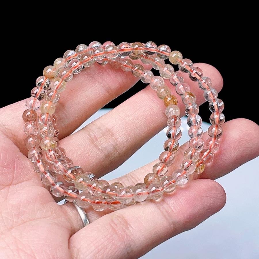 PROME 天然石 ミックスルチルクォーツ 5mm 三連 ブレスレット NO
