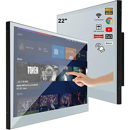 elecsung 防水テレビ お風呂 22V型 Android TV 浴室用タッチスクリーンスマートミラーTV IP66防水テレビ Wi-Fi/Bluetoothと統合スピーカーを備えた