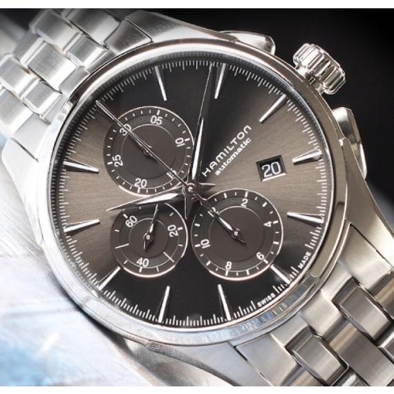 21年最新入荷 ハミルトン 腕時計 銀ラグの M Hamilton シルバー ダークグレー色 ステンレスベルト クロノグラフ ジャズマスター ケース幅40mm オートマチック ハミルトン メンズ 腕時計 クロノオート ジャズマスター メンズ腕時計