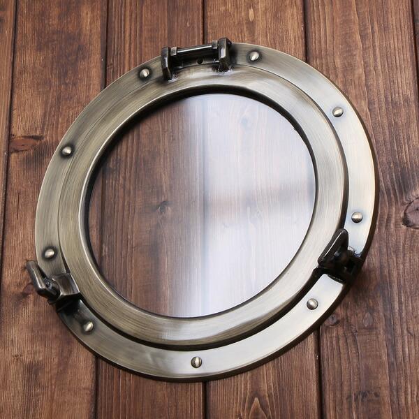 ガラス 丸窓(透明 くもり) 開閉式 真鍮製 古色アンテークAN (石膏