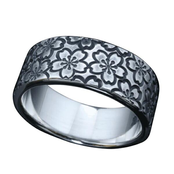 龍頭 乱れ桜 平打ち リング 幅8mm 13〜27号 指輪 桜 さくら 春 花 メンズ シルバー シルバーリング メンズリング シルバー950 男性 彼氏 伝統技法 | 