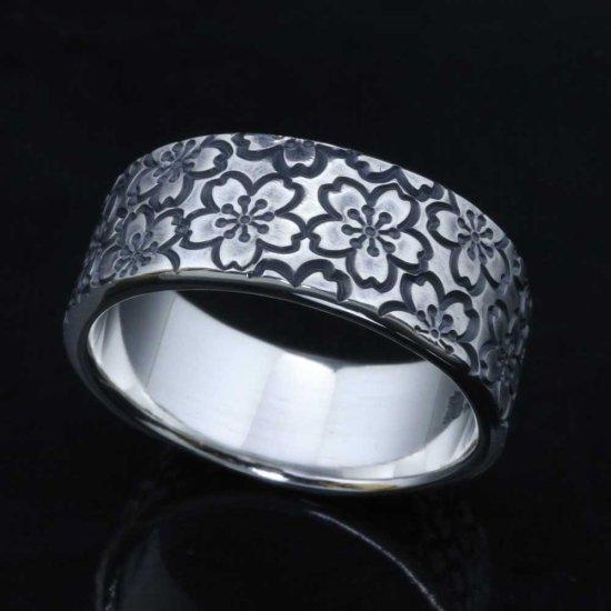 龍頭 乱れ桜 平打ち リング 幅8mm 13〜27号 指輪 桜 さくら 春 花 メンズ シルバー シルバーリング メンズリング シルバー950 男性 彼氏 伝統技法 |  | 01