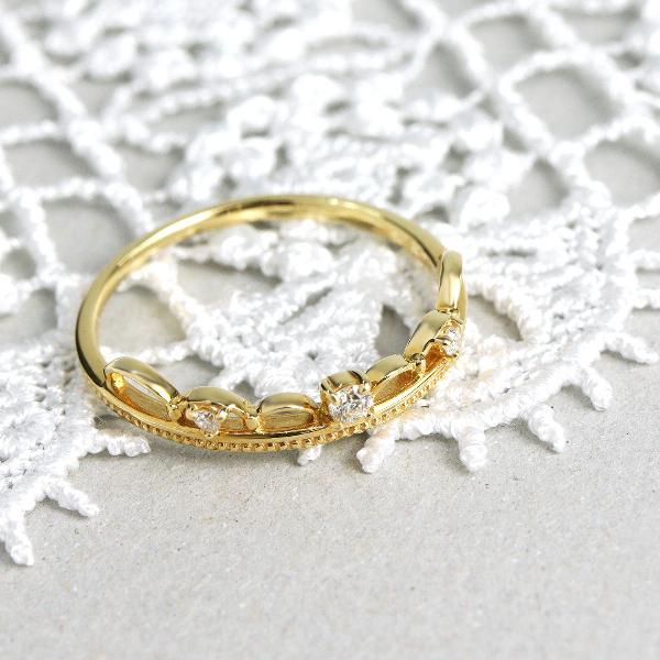 K18 ダイアモンド レース ティアラ リング 18金 18k ゴールド 指輪 ミル打ち 華奢 繊細 かわいい 可愛い 綺麗 上品 レディース 爆買の画像
