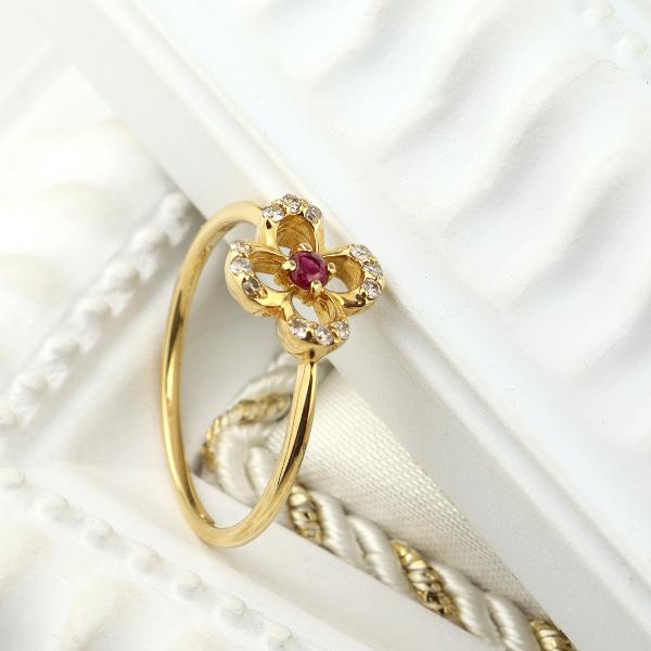 K18 ルビー ダイヤモンド フラワー リング 18金 18k ゴールド 指輪 花 