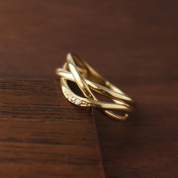 K18 ダイヤモンド 三連 ウェーブ リング 18金 18k ゴールド 曲線 ライン ねじれ ランダム 指輪 上品 華やか レディース