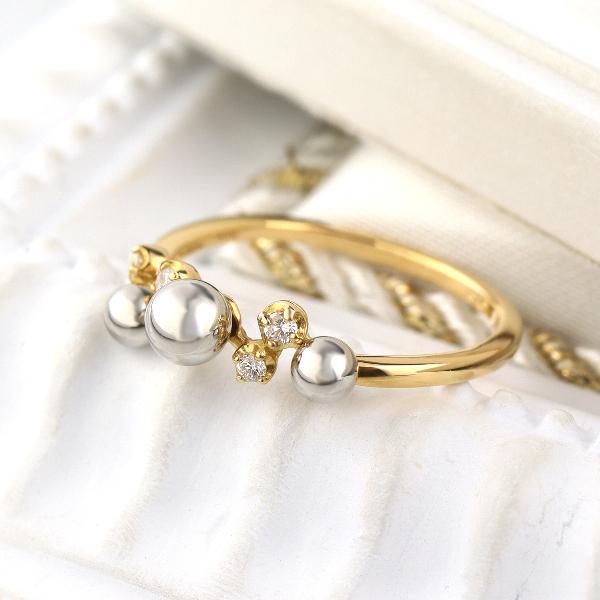 K18 PT900 プラチナボール ダイヤモンド ゴールドリング 指輪 リング 18金 18k ゴールド 天然 ダイヤ 華やか 細身 レディース 爆買の画像