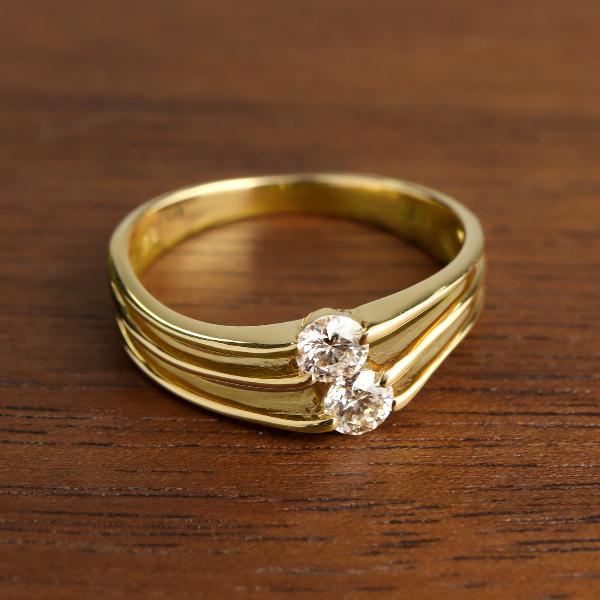 K18 二粒 ダイヤモンド 3連 ゴールド ライン リング 指輪 18金 18k