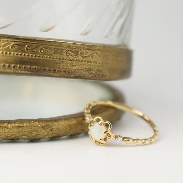 K18 フラワー オパール ゴールドリング 花 ダイヤモンド 18金 18k ゴールド リング 指輪 天然石 透かし かわいい レディース 爆買の画像