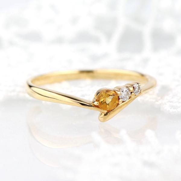 K18 シトリン ダイヤモンド リング 指輪 天然石 誕生石 11月 ゴールド 18金 18k V字 可愛い シンプル 上品 普段使い レディース 爆買の画像