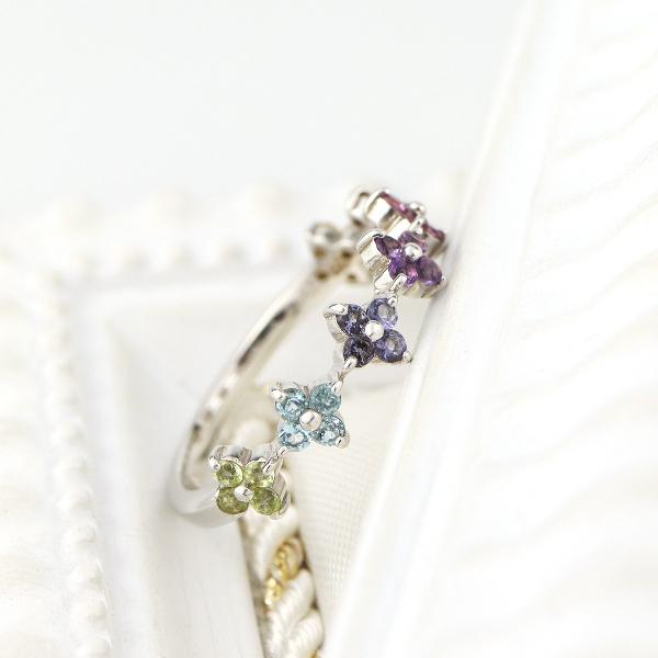 芸能人愛用 18k 18金 リング フラワー アミュレット 天然石 K18 アメジスト ガーネット レディース K18ホワイトゴールド ホワイトゴールド レディース かわいい 可愛い カラーストーン 花 指輪 レディースアクセサリー